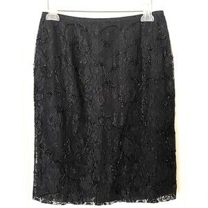 Ann Taylor vintage beaded rose black lace straight skirt with back slit Size 10